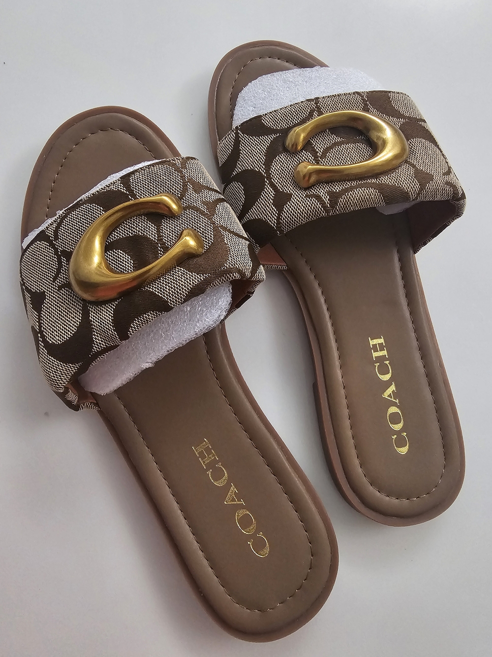 COACH Brown Signature Canvas Slide Sandals with Gold Accent